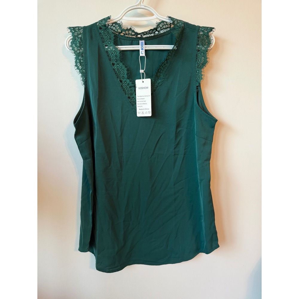 VIISHOW Emerald Green Lace Trim Sleeveless V-Neck Blouse Top Large NWT